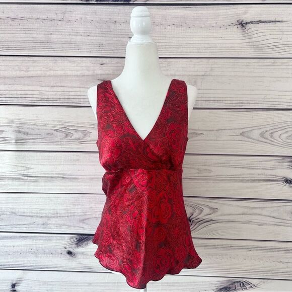 Old Navy Vintage Y2K Red Floral Silk V Neck Tank Top - Picture 3 of 9